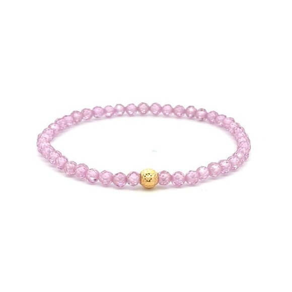 18K Gold Bead Charm Stretchable Bracelet Pink  Faceted Zircon Gemstones - Picture 1 of 10